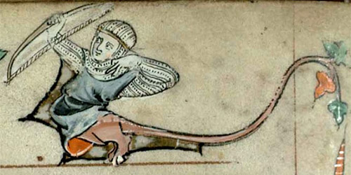A bipedal lion-man drawn in the margin of a medieval manuscript