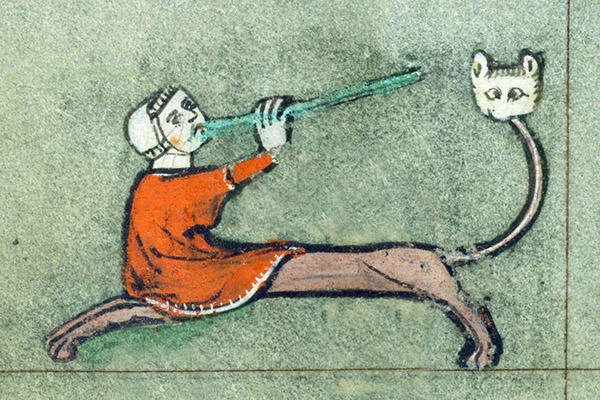 a liontaur piper with an odd tail from a book of hours