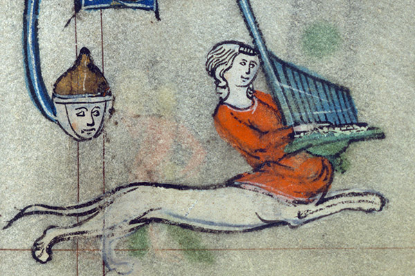 a female liontaur musician with an odd instrument from a book of hours