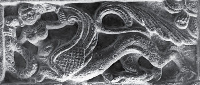 detail of Mātharaka Āyāgapaṭa from Mathura showing a nara-vyala